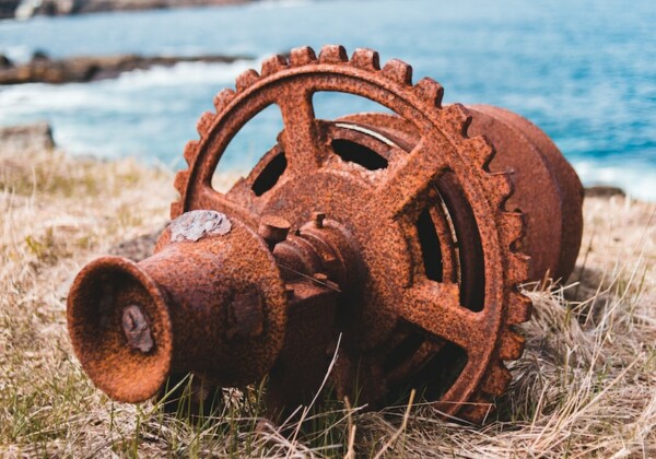 brown metal wheel on brown grass near sea during daytime