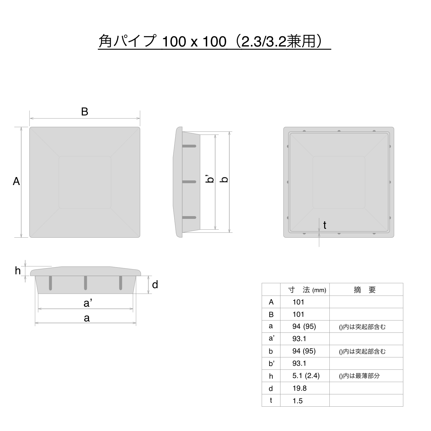角パイプ用エンドキャップ(ABS樹脂製) 正方形 角パイプ 100x100